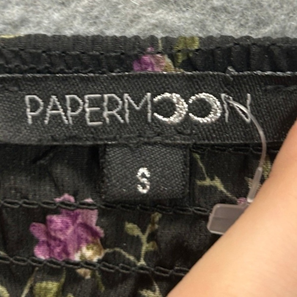Papermoon Smocked Peplum Puff Sleeve Womens Small Black Floral Cottagecore Top - Picture 3 of 6